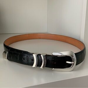 Vintage BRIGHTON ONYX Croc Embossed Leather Buckle Black Women’s Belt Size 42